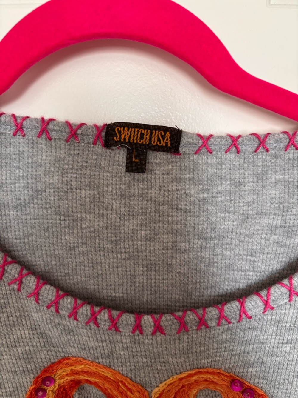 Embroidered Flamingo Gray Sweater with Pink Accents - Picture 3 of 5
